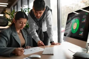 Team reviewing reports and dashboards during a performance management system discussion in the office